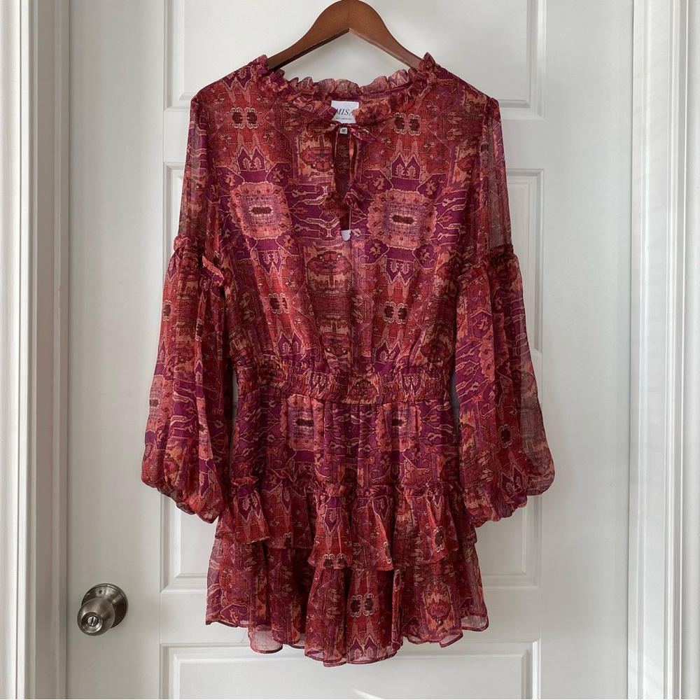 MISA Los Angeles Teya Boho Long Sleeve Tiered Mini Dress